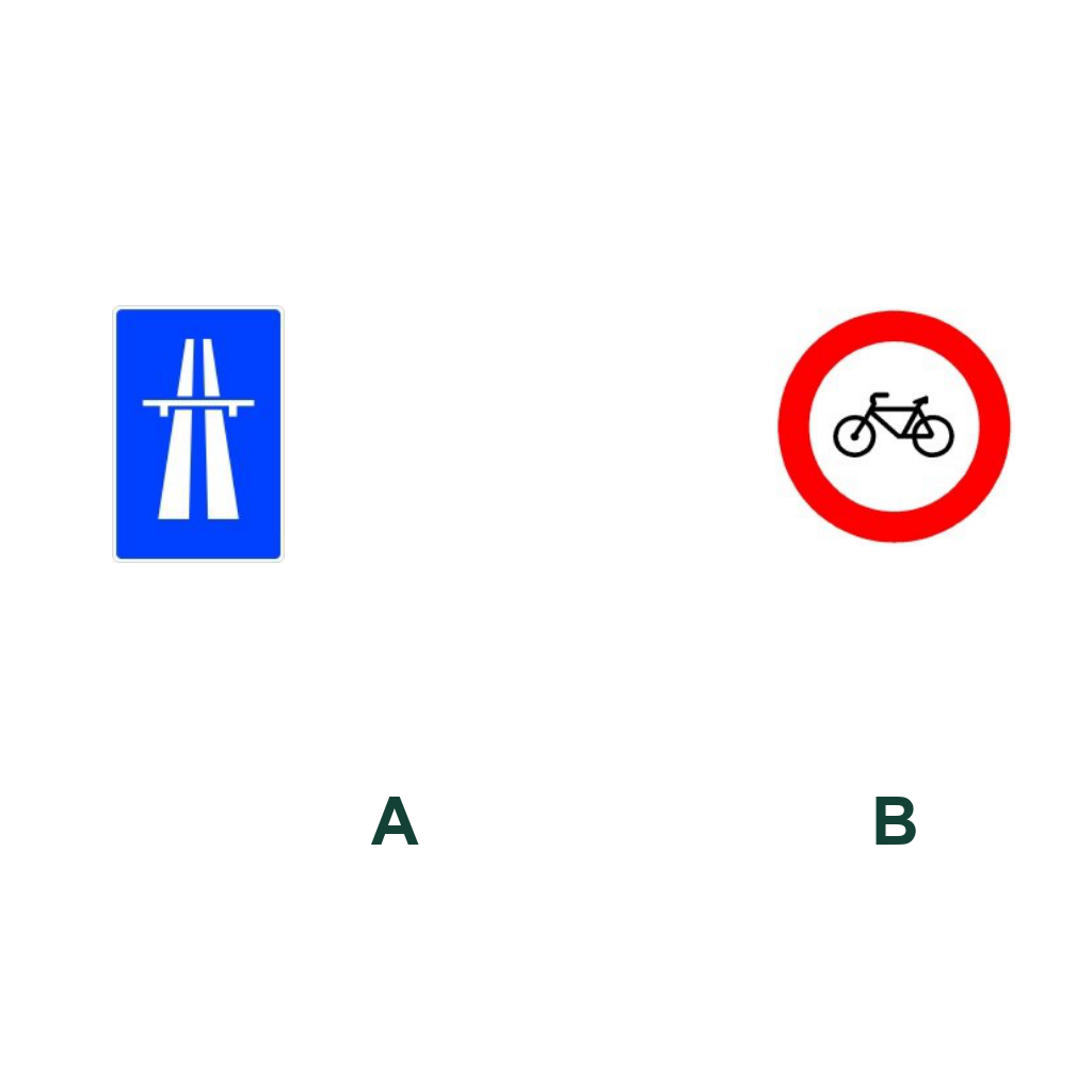 Señal de autopista y señal de prohibición de ciclos, las dos impiden circular en bicicleta