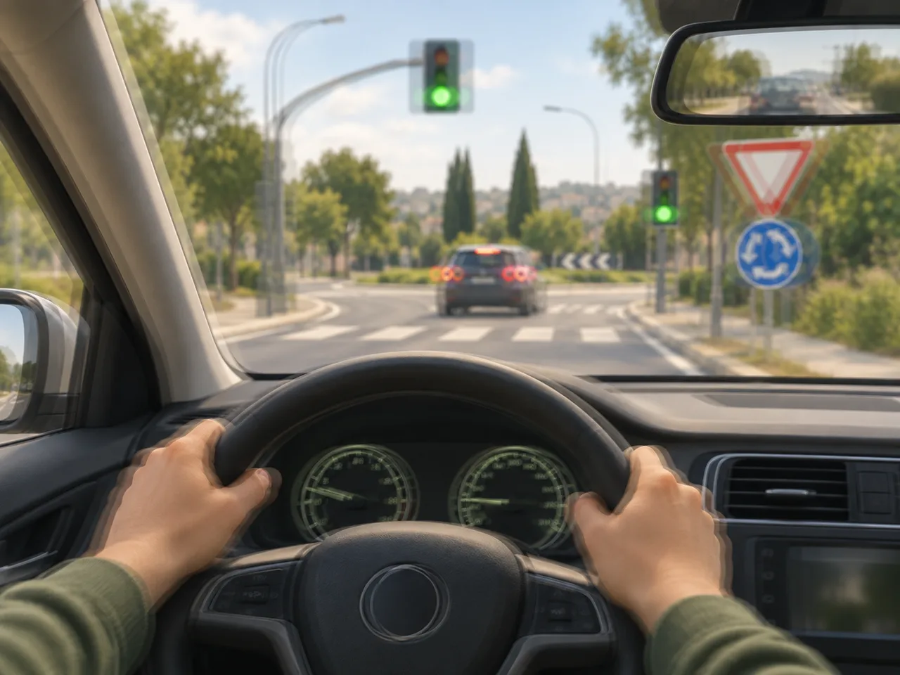Visión borrosa de una carretera desde el puesto del conductor
