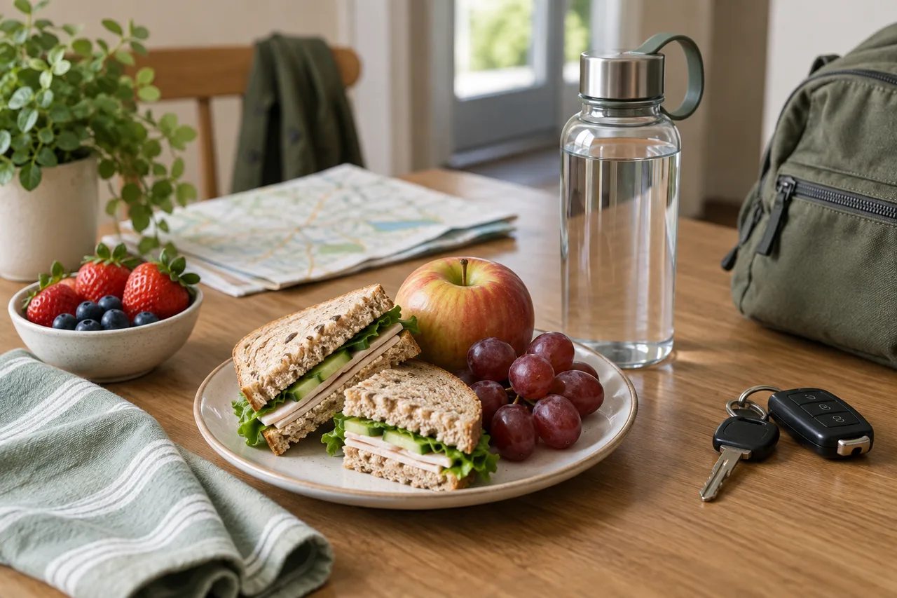 Comida ligera, fruta y agua preparadas antes de un viaje