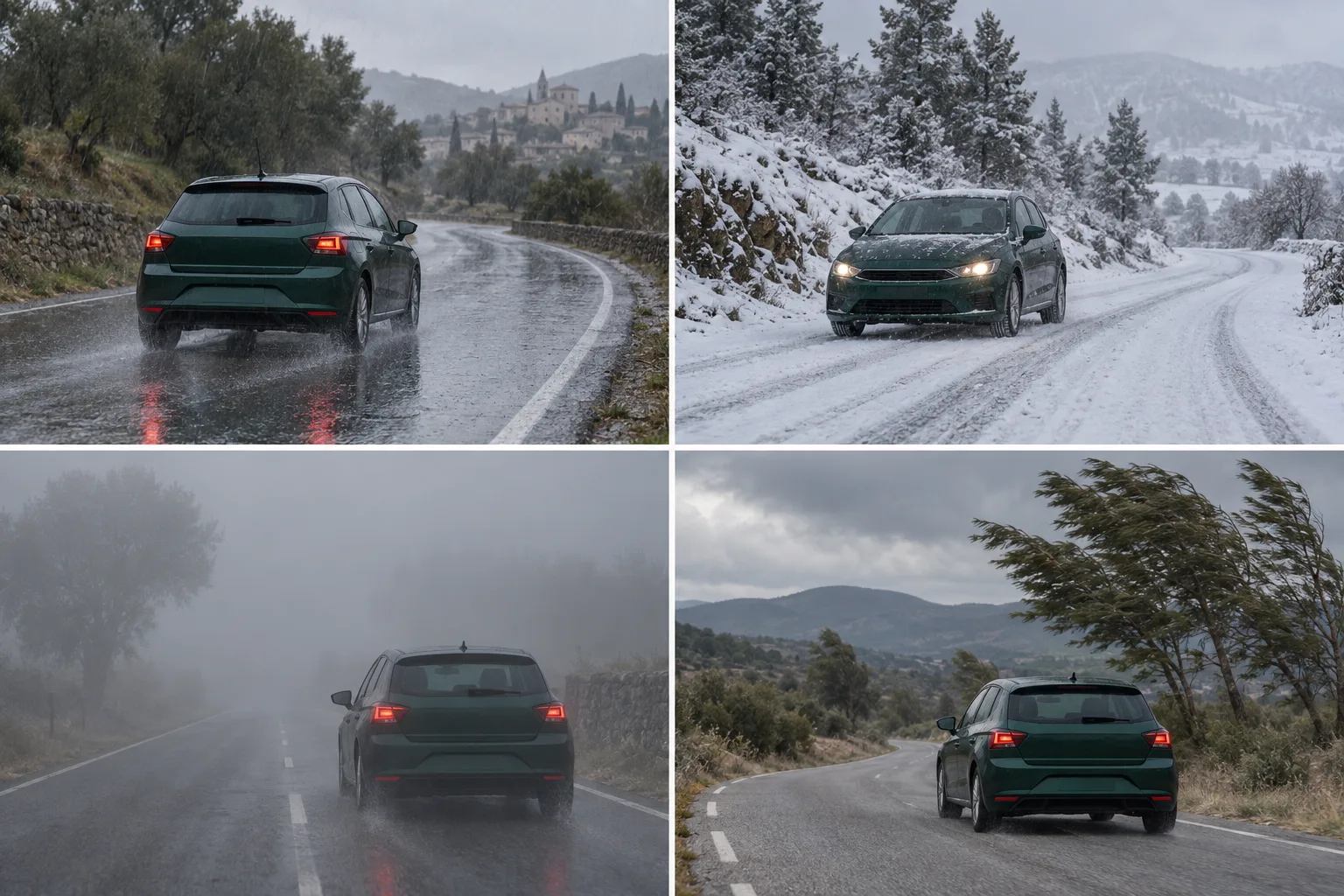 Carretera con lluvia, nieve, niebla y viento