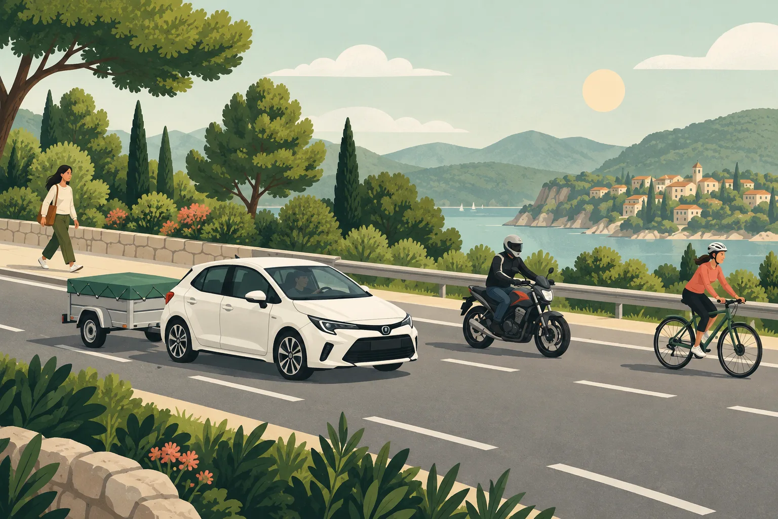 Coche con remolque, motocicleta, bicicleta y peatona en una carretera