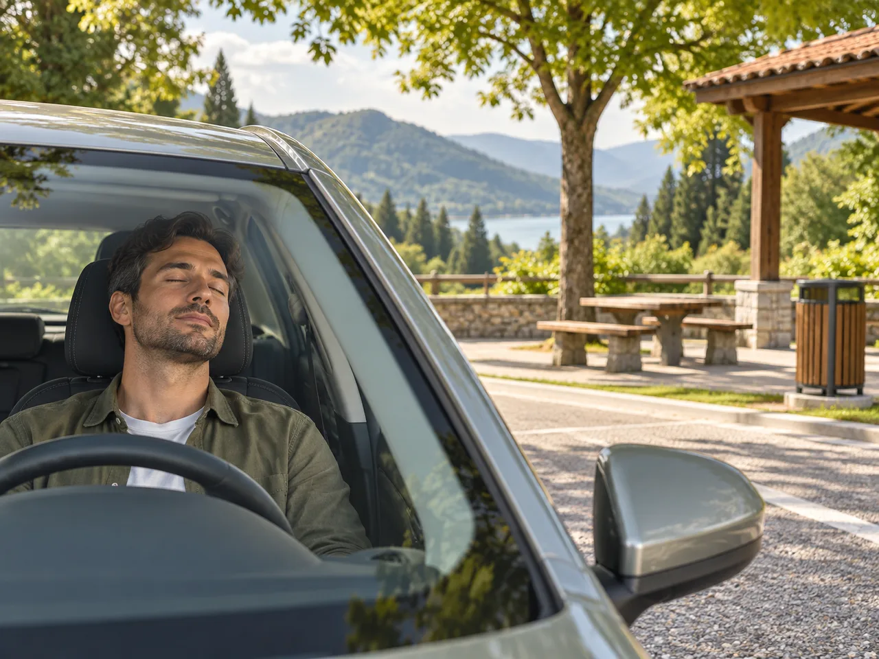 Conductor descansando en un área de descanso antes de continuar el viaje
