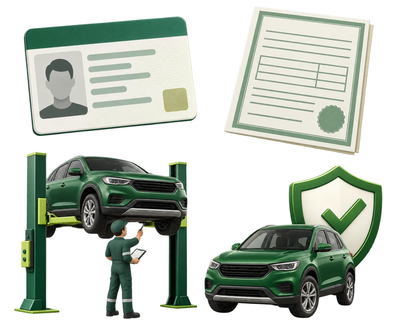 Permiso de conducir, documento del vehículo, inspección técnica y seguro
