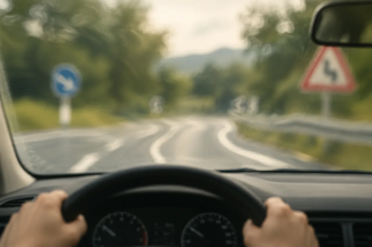 Visión distorsionada de la carretera desde el asiento del conductor