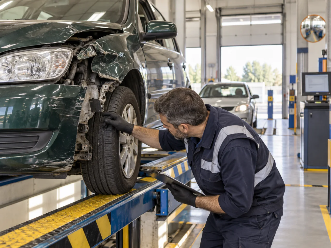 Técnico inspecciona un coche con daños estructurales tras un accidente