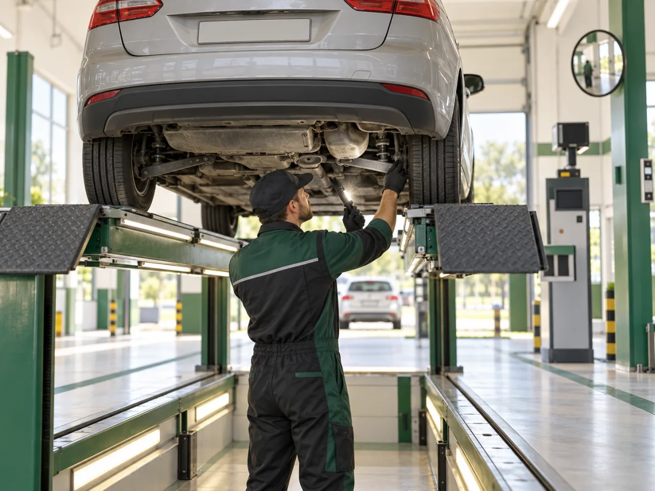Técnico revisando los bajos de un coche elevado en una estación ITV