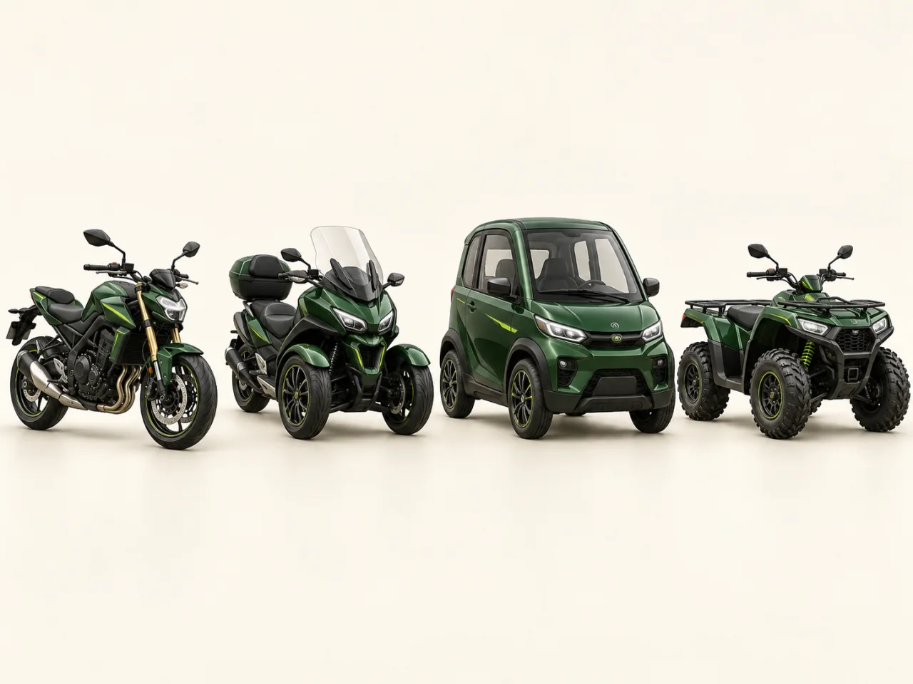 Motocicleta, vehículo de tres ruedas, cuadriciclo pesado y quad