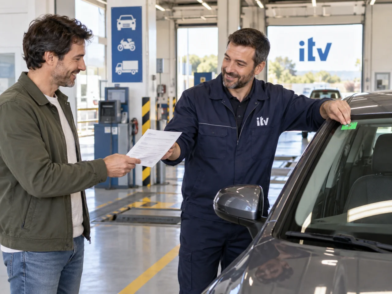 Técnico entrega el informe favorable al propietario y coloca la pegatina ITV