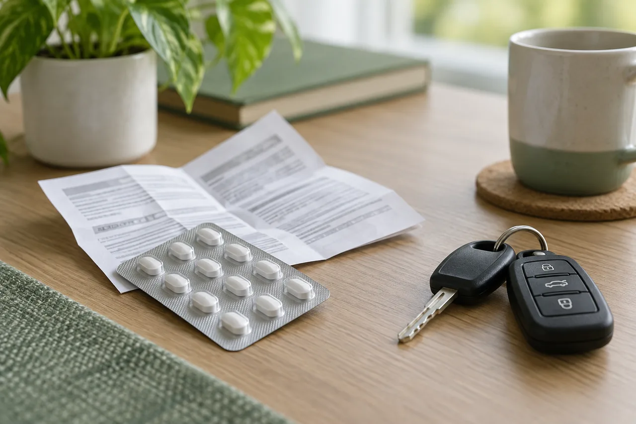 Medicamentos y prospecto junto a las llaves del coche