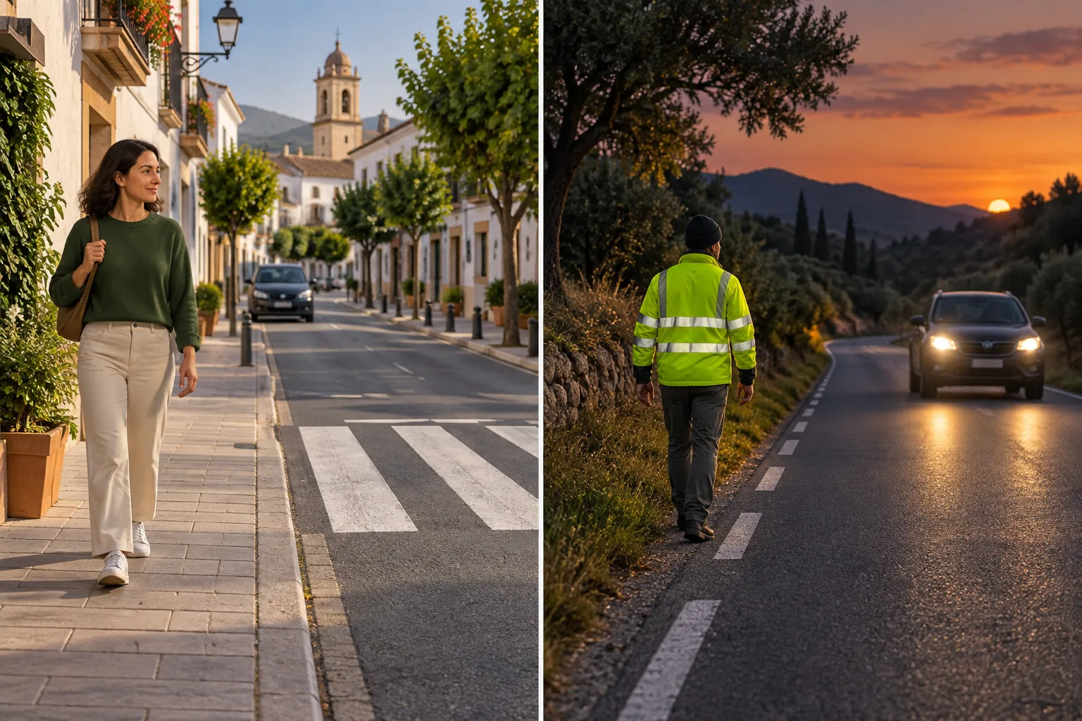 Personas caminando por la acera y por una carretera rural
