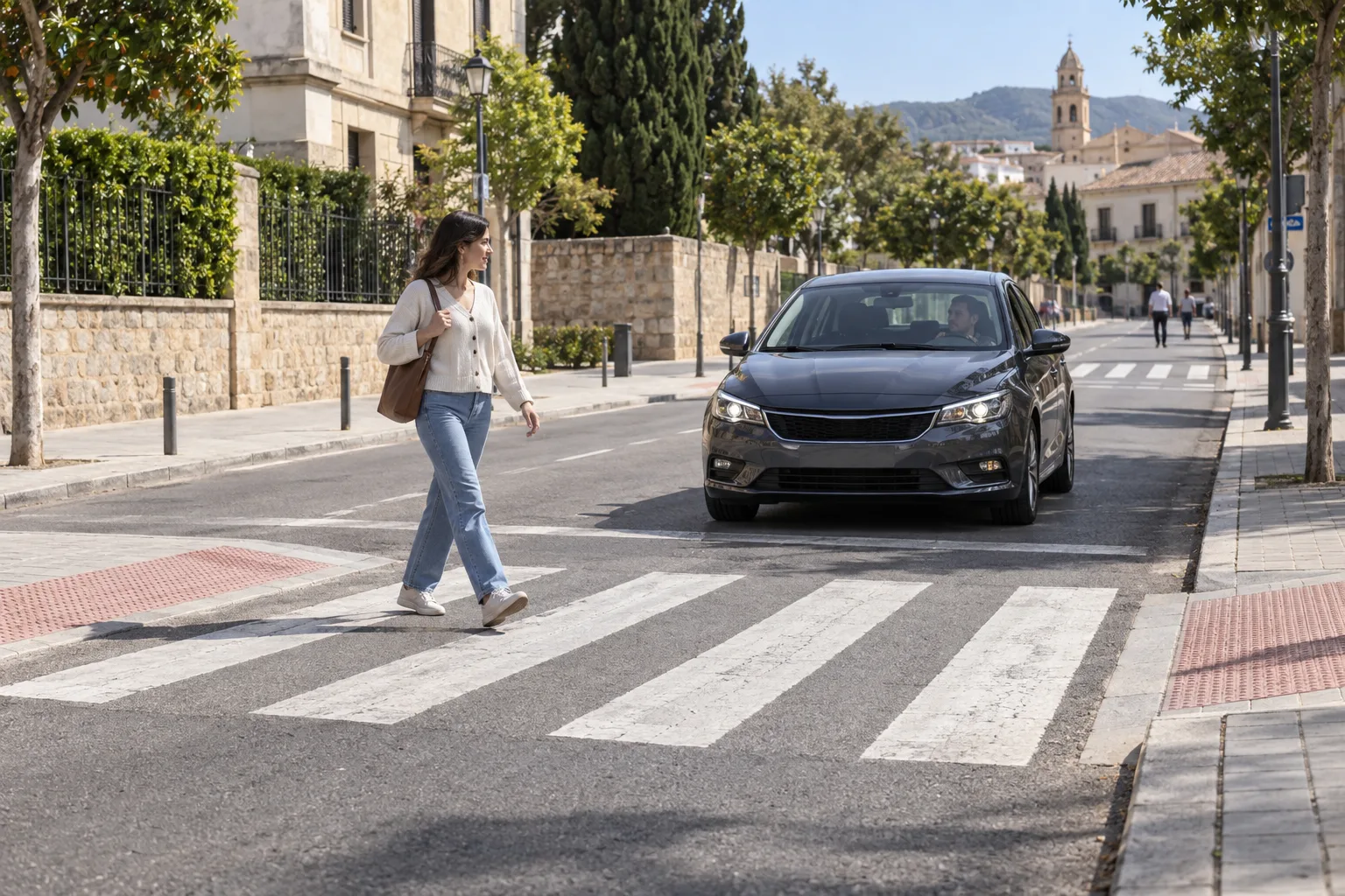 Peatona cruza en línea recta por un paso de cebra mientras un coche espera