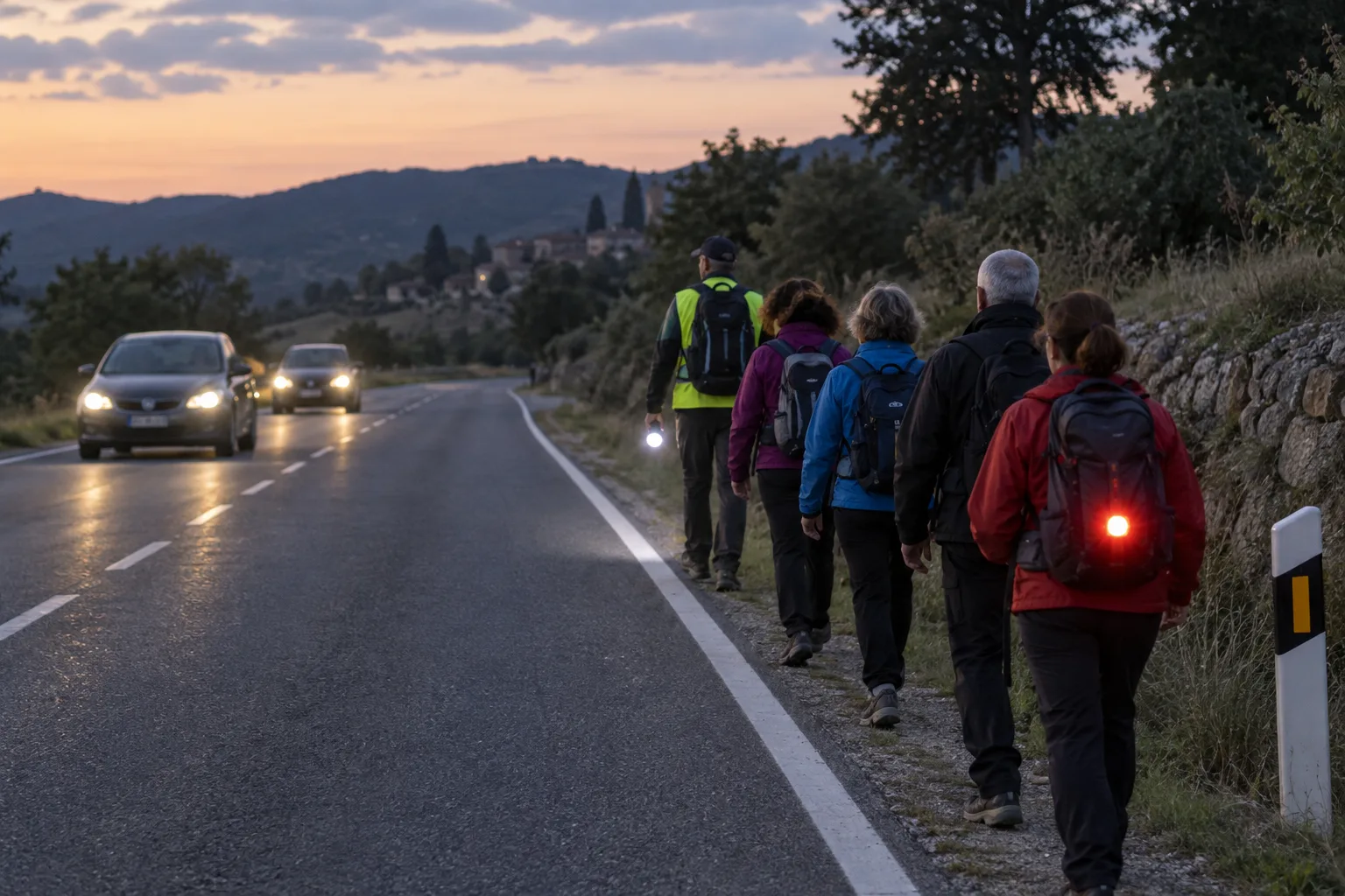 Grupo camina en fila por el arcén con una luz blanca delante y otra roja detrás