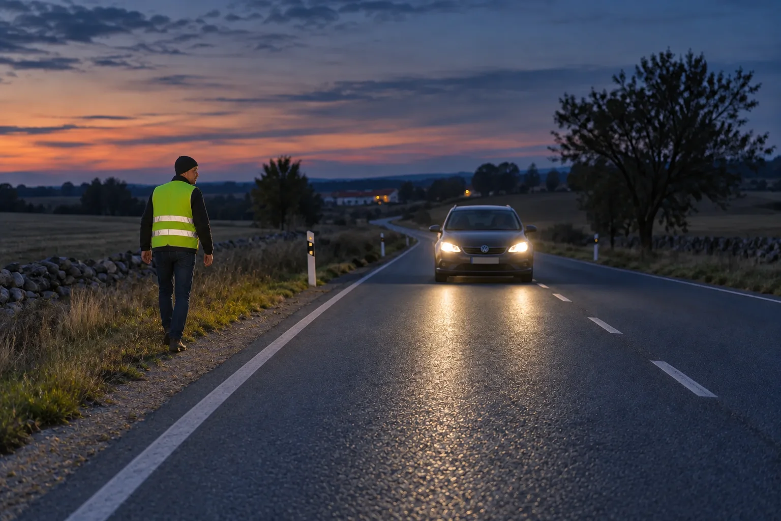 Peatón con chaleco reflectante camina de frente a un coche que se aproxima por su carril