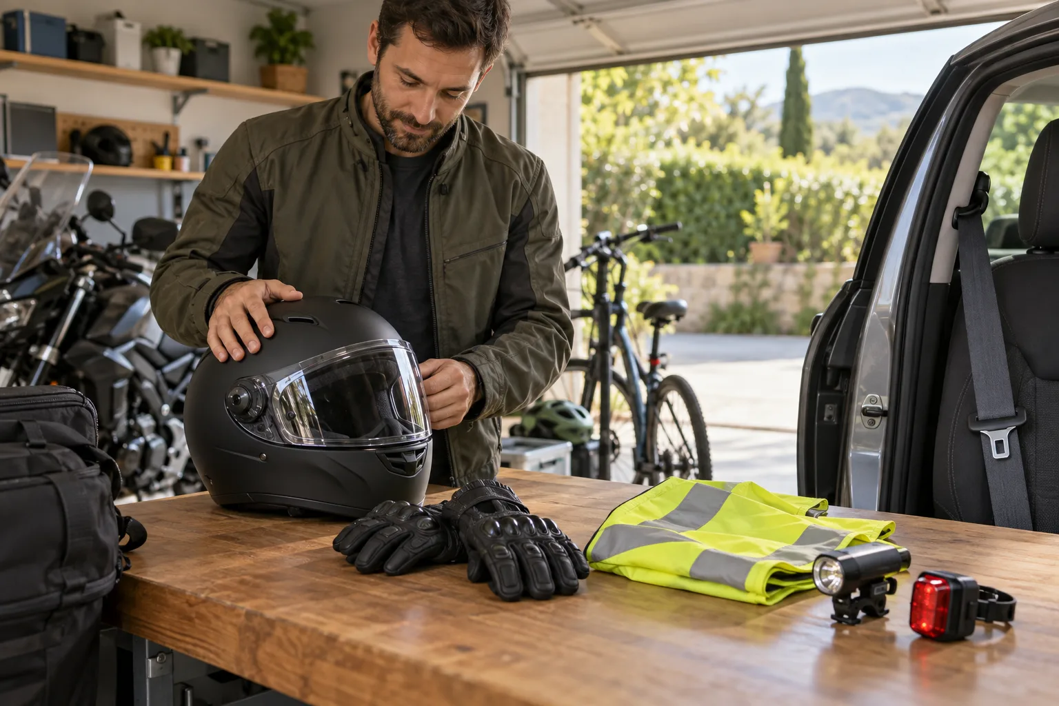 Motorista prepara casco y guantes junto a un chaleco reflectante y luces de bicicleta