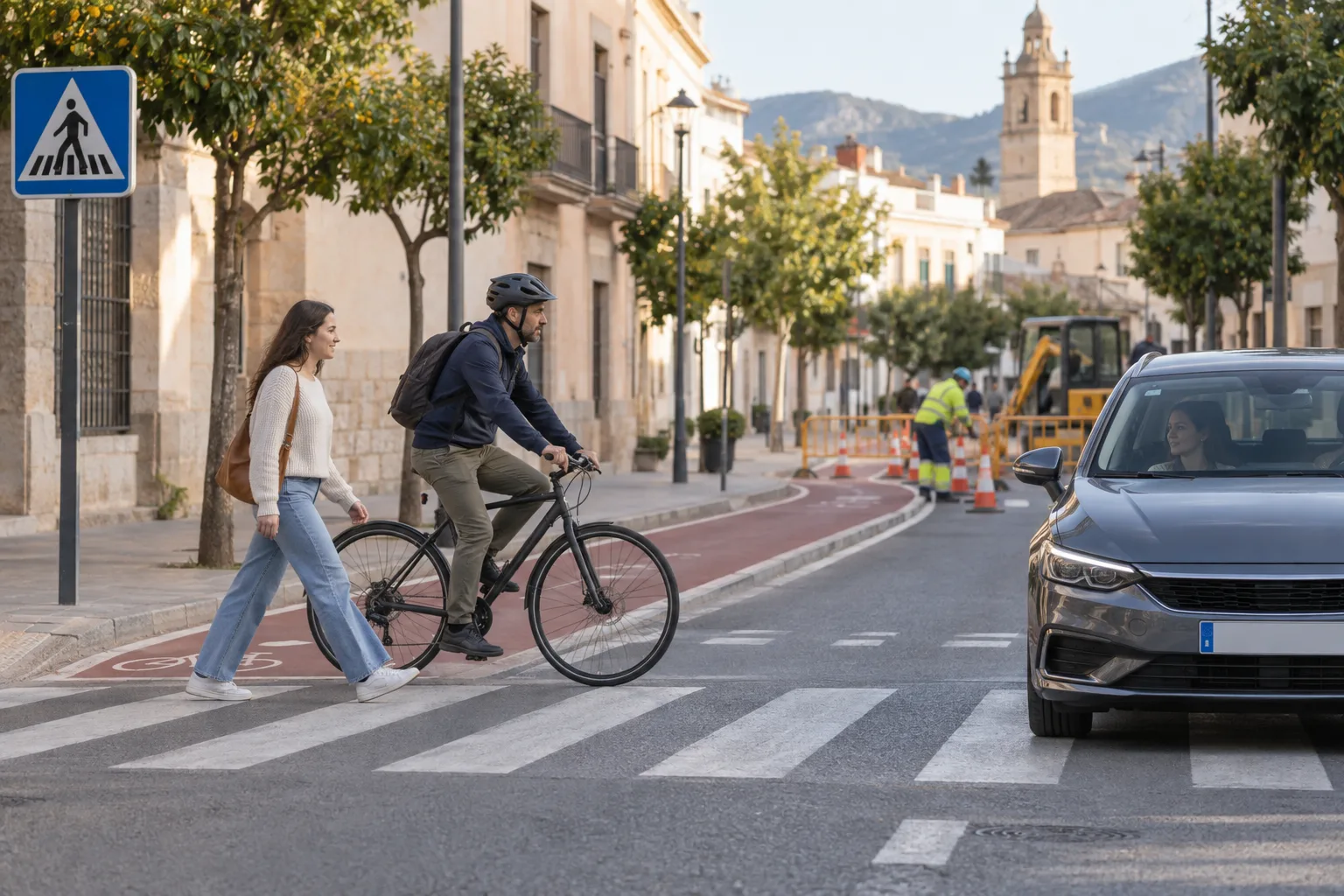 Conductora detenida antes de un paso mientras pasan una peatona y un ciclista