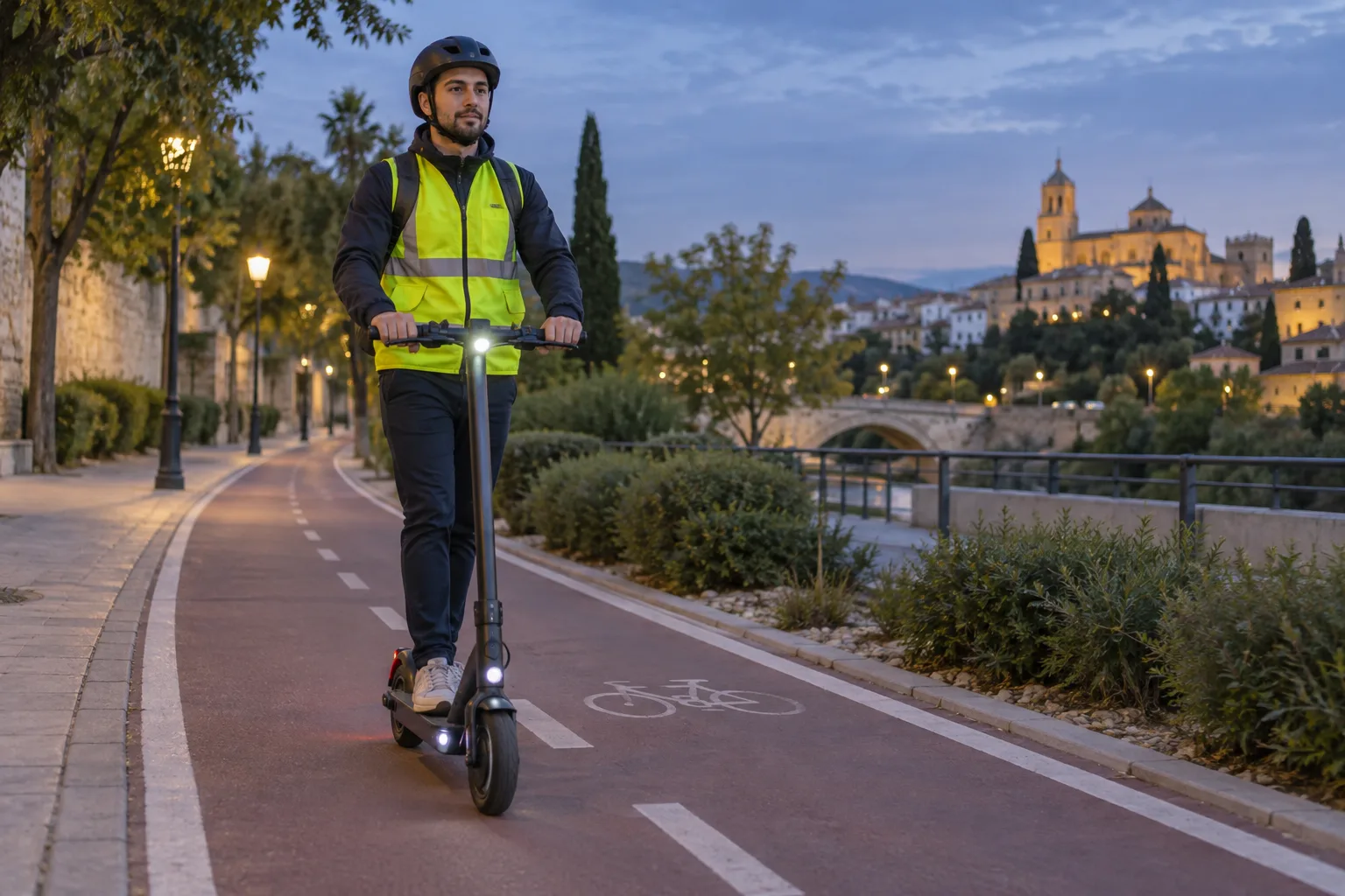 Persona conduce un patinete eléctrico con casco, luces y chaleco reflectante
