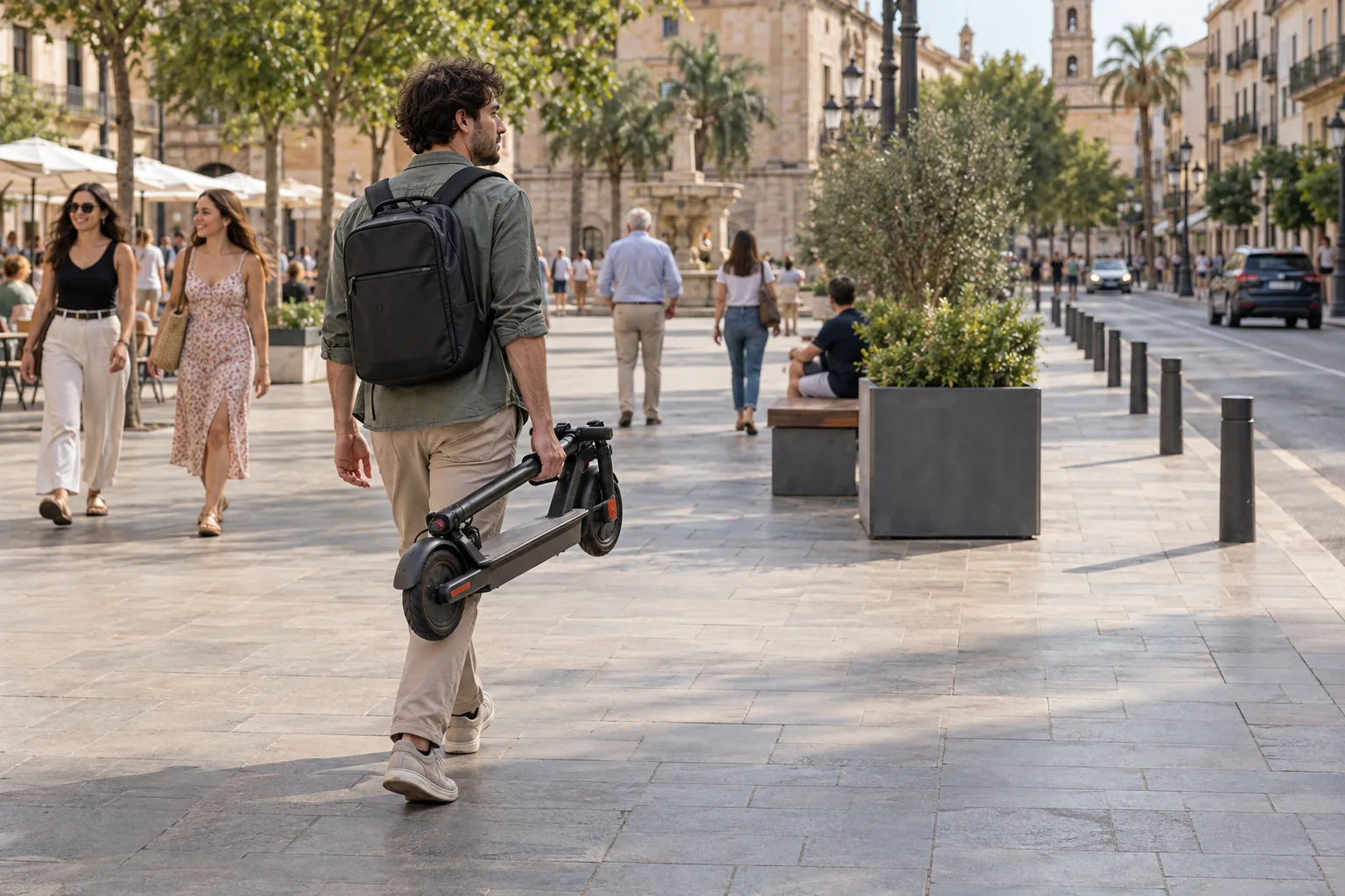 Persona lleva el patinete plegado mientras camina por una plaza peatonal
