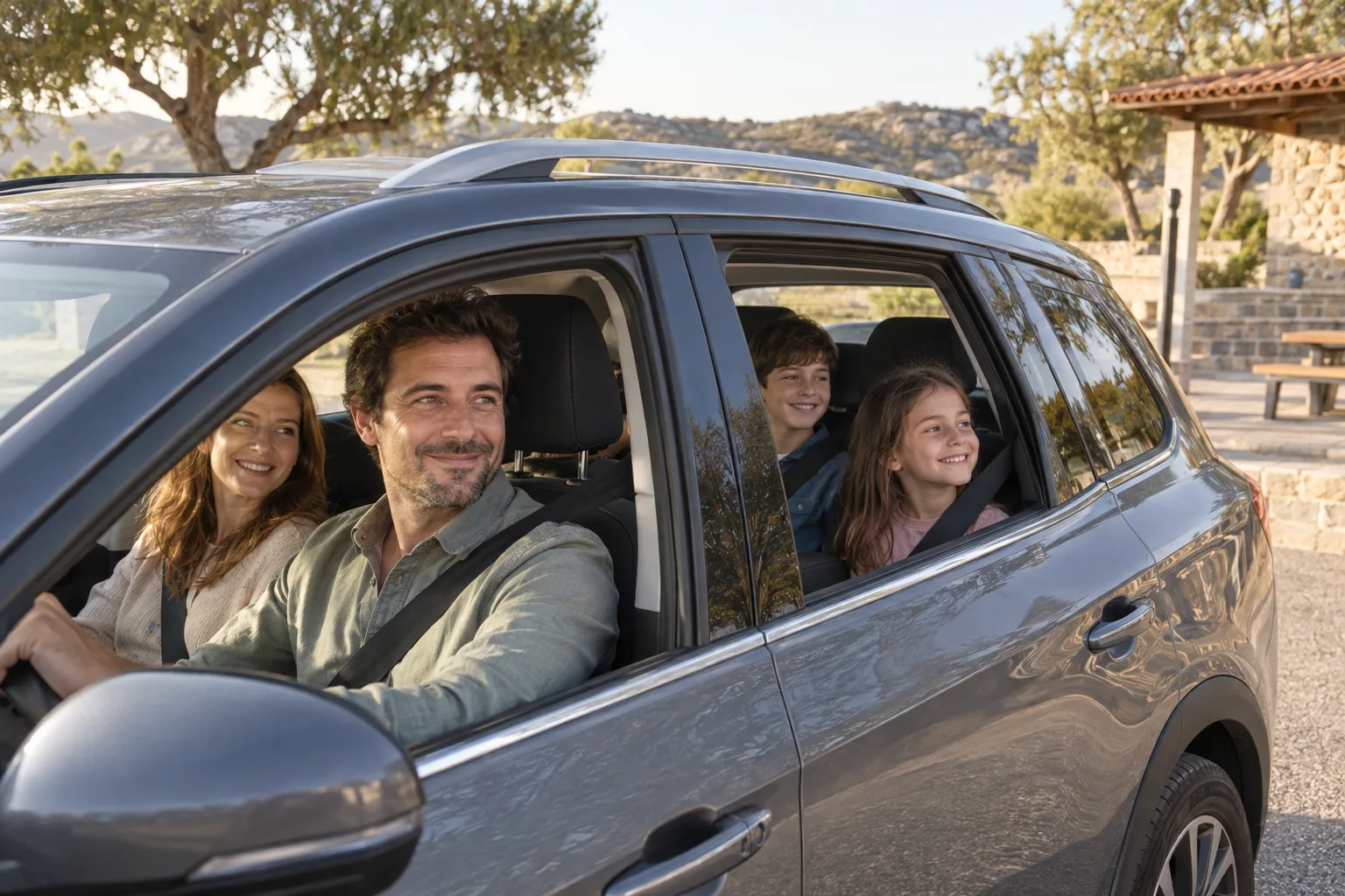 Familia llega con seguridad a un área de descanso en automóvil