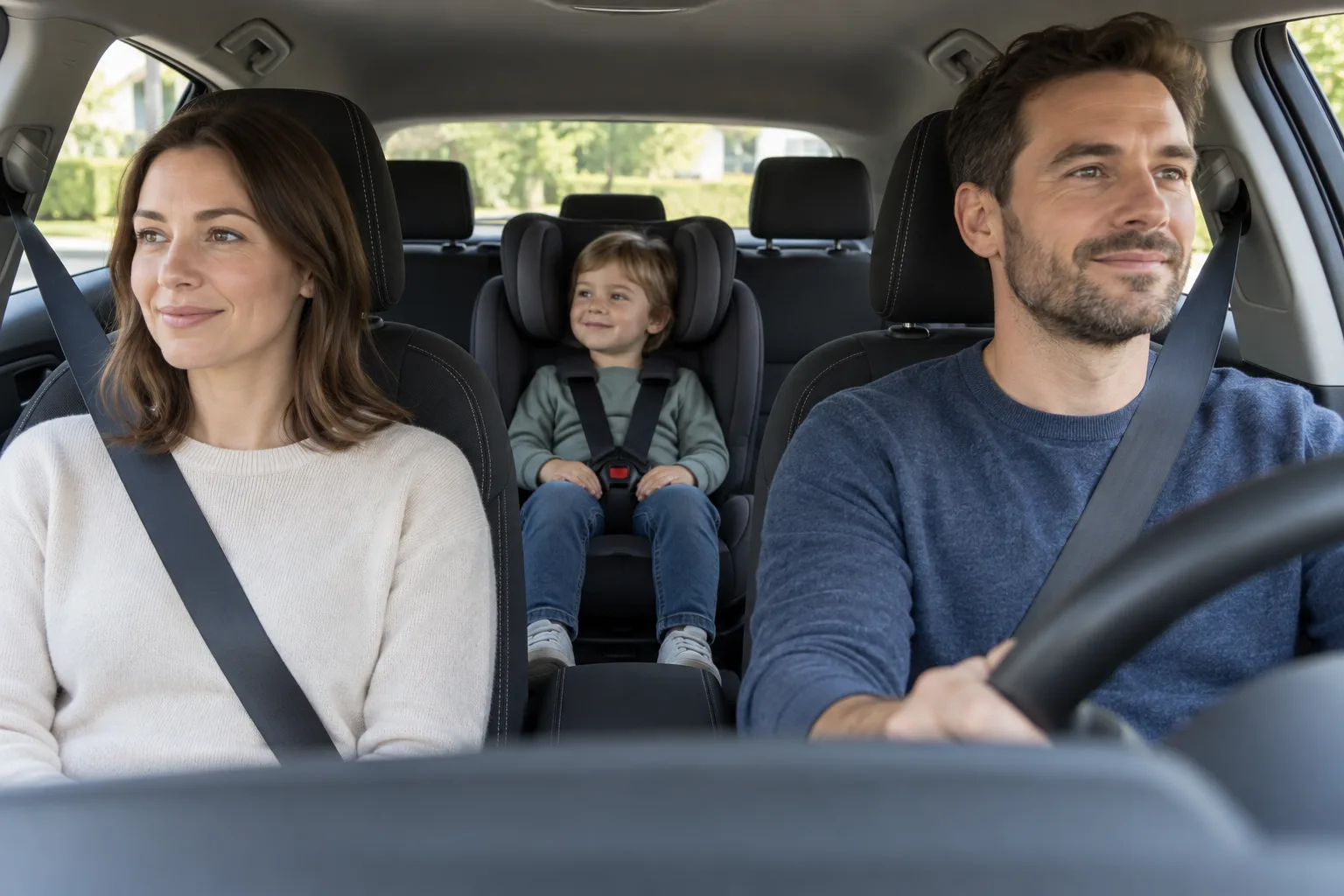 Cinturón, airbag y reposacabezas en el interior de un automóvil.