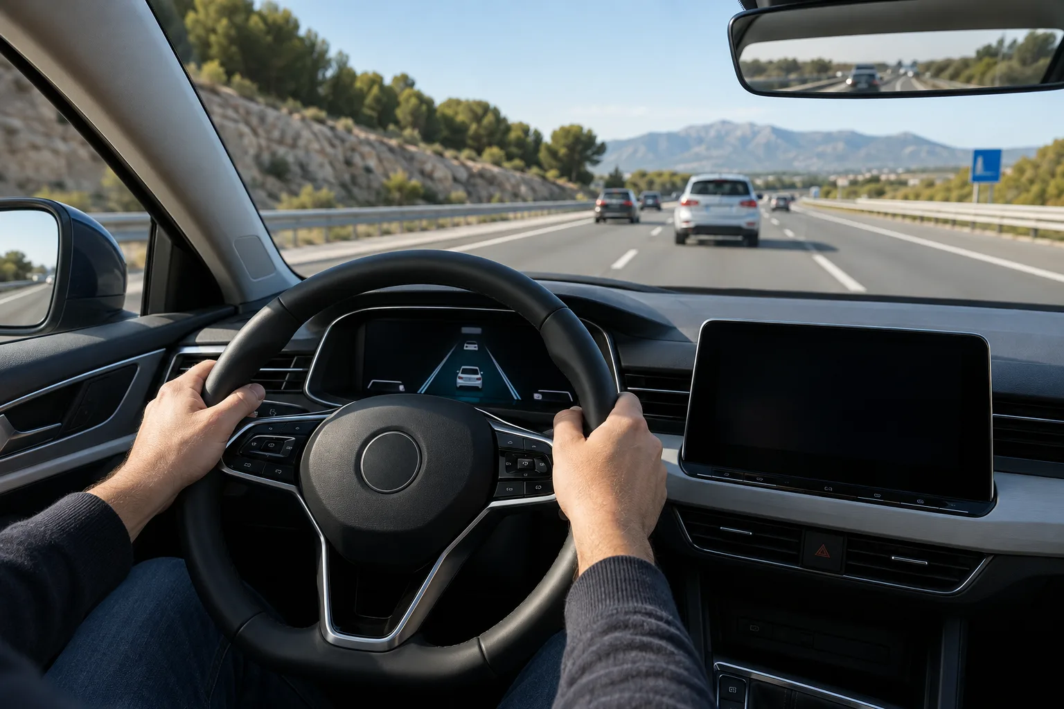 Conductor atento utiliza una ayuda electrónica en autovía.