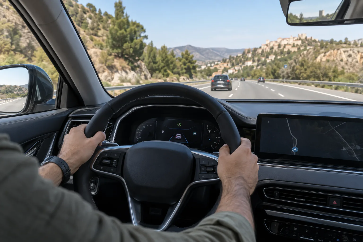 Panel de un automóvil con indicadores de asistencia a la conducción.