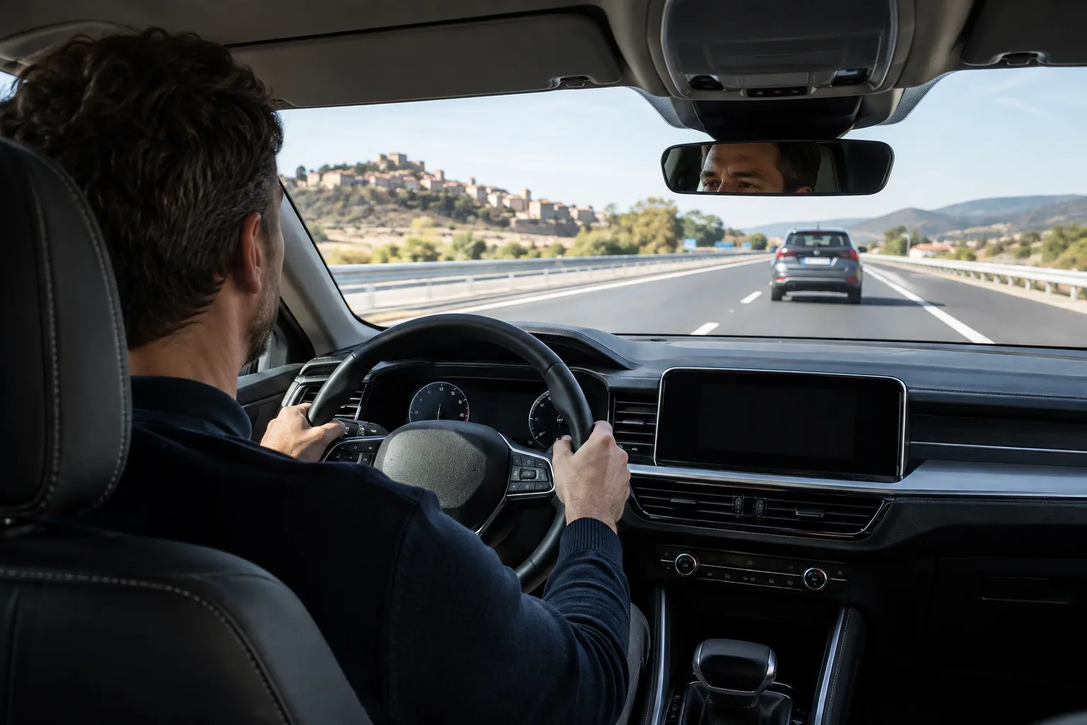 Conductor atento circula con distancia de seguridad en autovía.