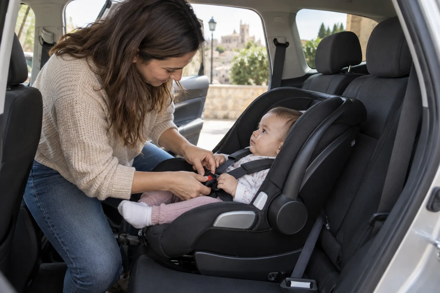 Adulto instala una sillita infantil a contramarcha en un coche estacionado.