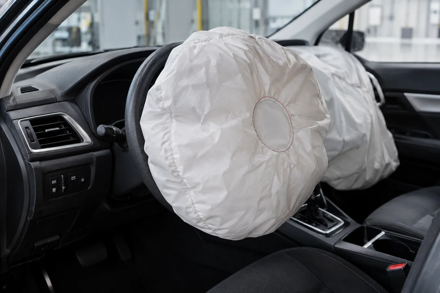 Airbag desplegado en el puesto del conductor de un vehículo de prueba.