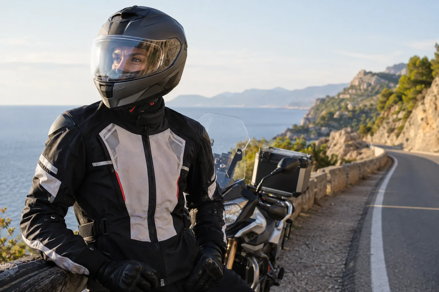 Motorista con casco integral y correa abrochada.