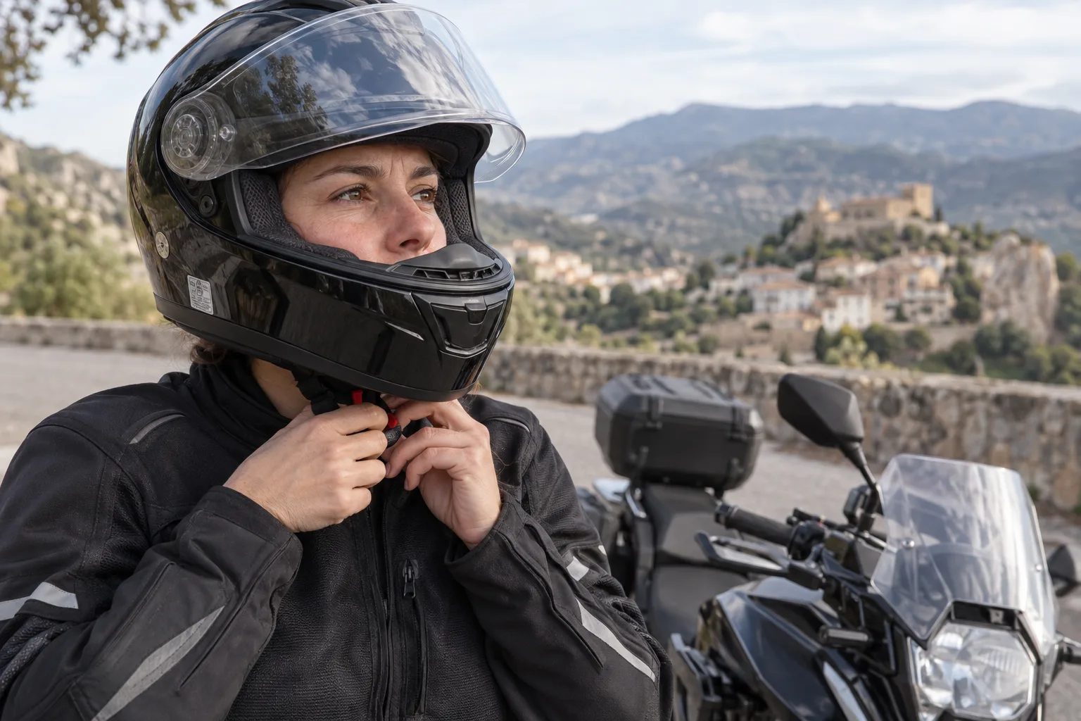 Motorista revisa el ajuste, la pantalla y la correa de su casco.