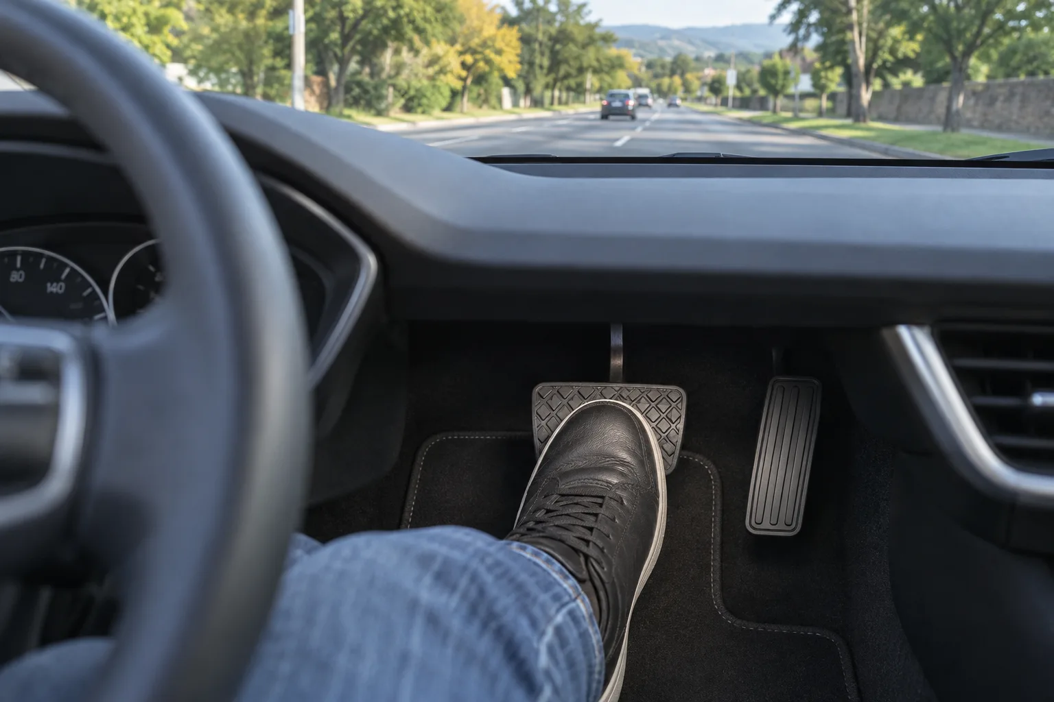 Pie derecho pisando el pedal del freno en un coche detenido