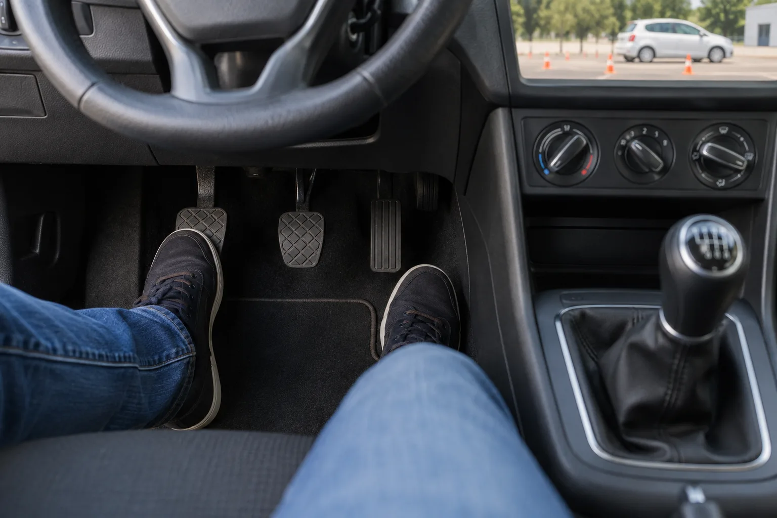 Pie izquierdo pisando el pedal del embrague en un coche parado