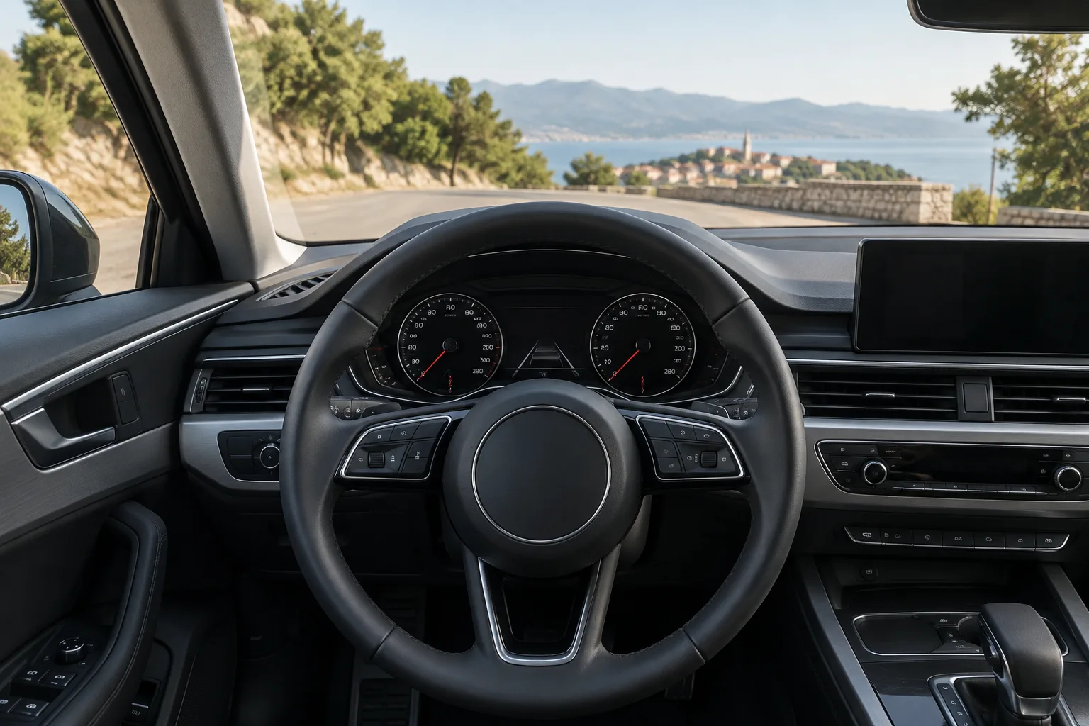 Volante de un coche estacionado visto desde el asiento del conductor