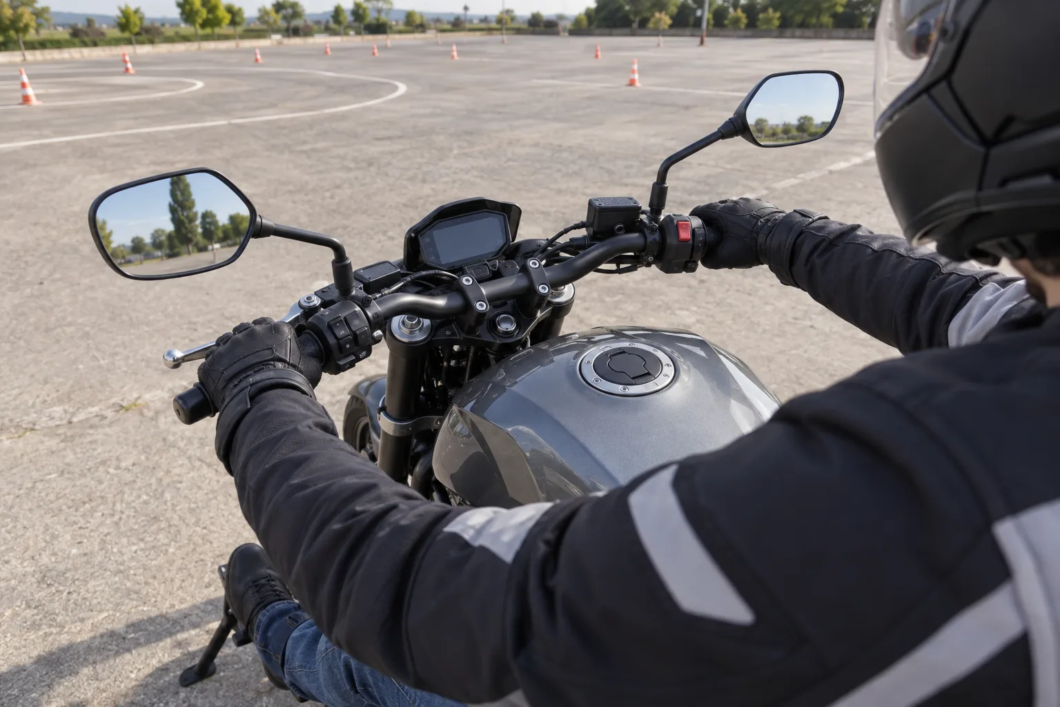 Motociclista con casco junto al manillar y los mandos de su moto