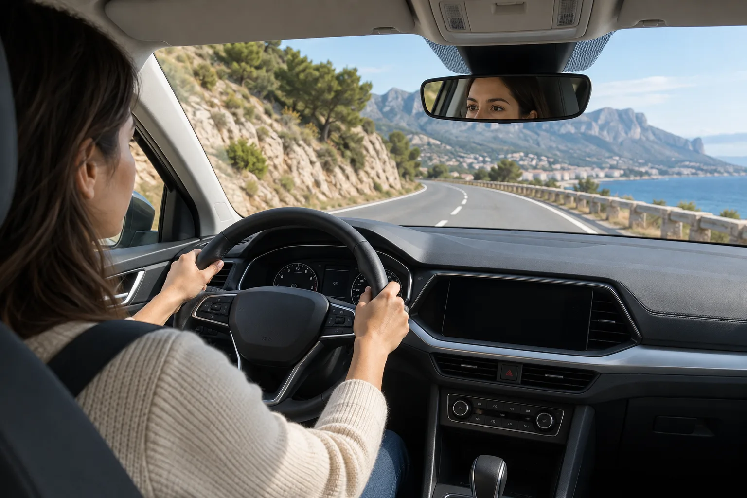 Vista despejada de la carretera a través del parabrisas de un coche