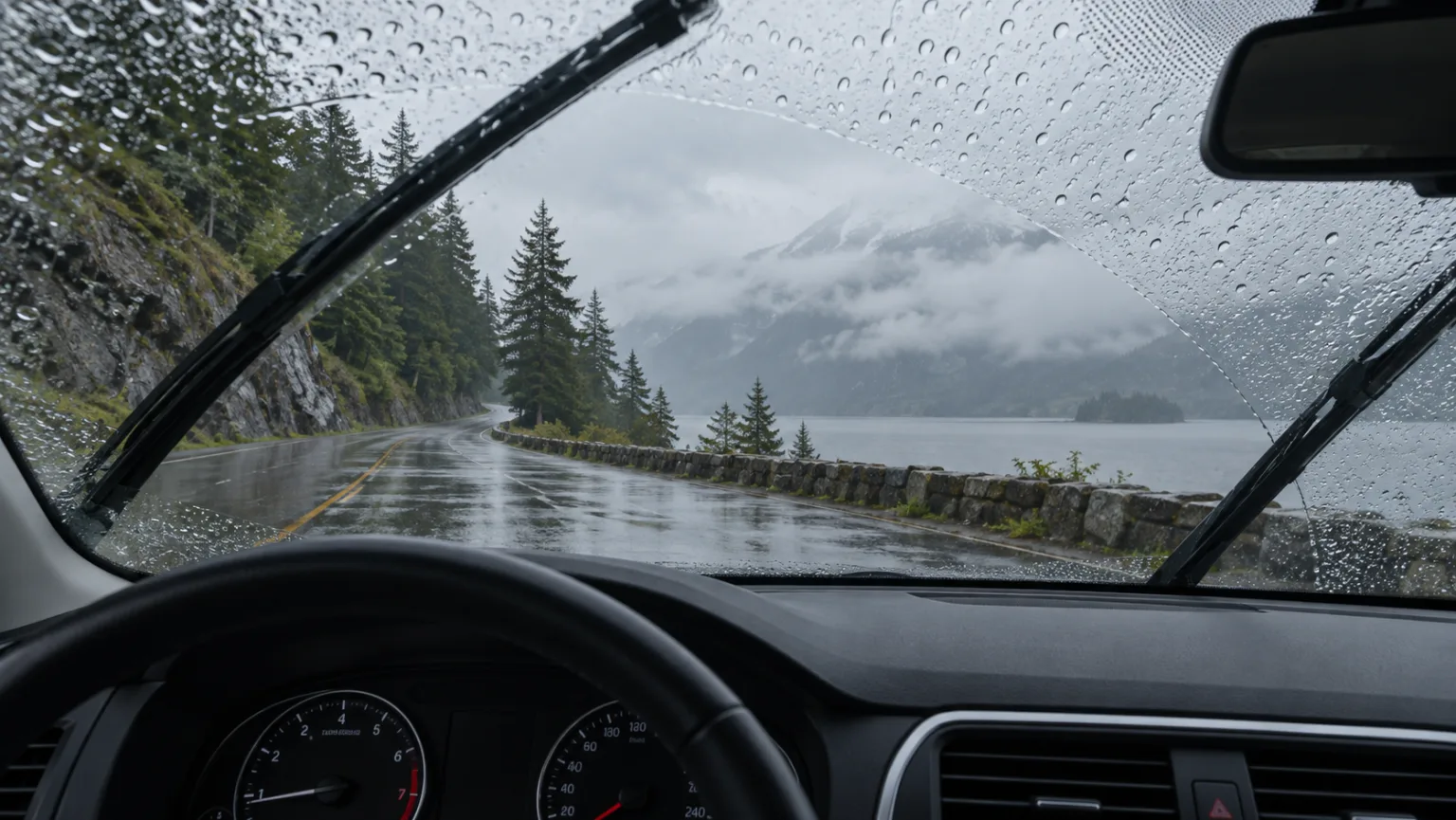 Limpiaparabrisas despejando la lluvia del parabrisas mientras el coche circula