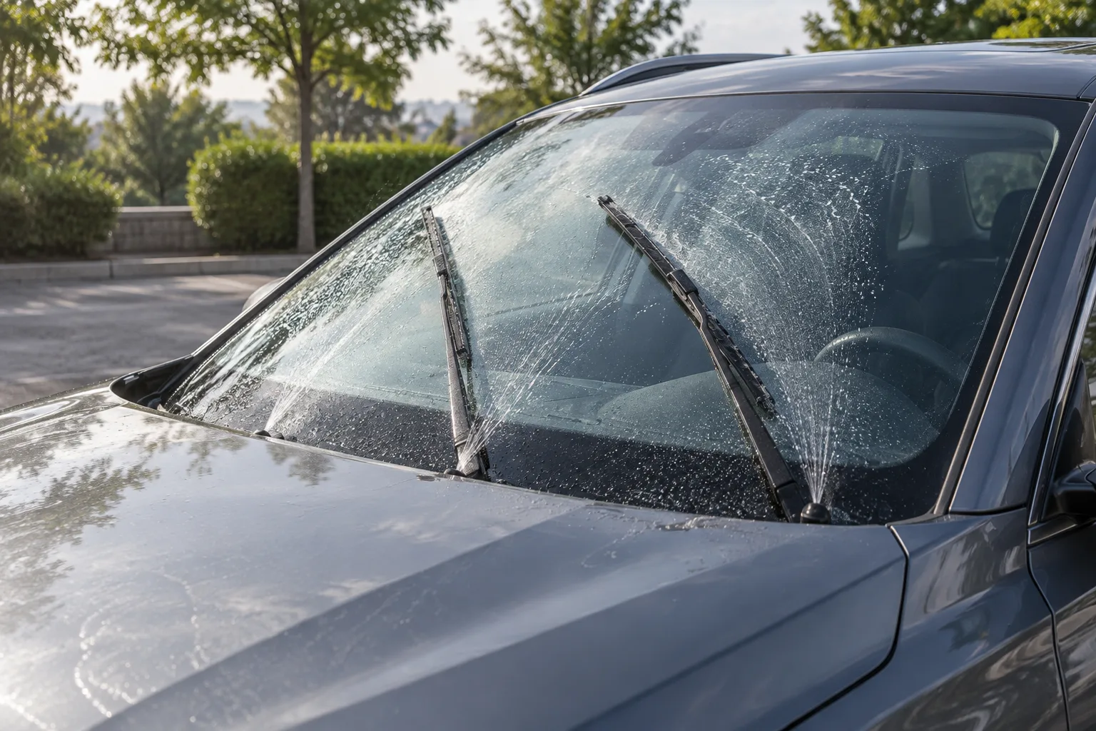 Pulverizadores de un coche lanzan líquido limpiaparabrisas sobre el cristal