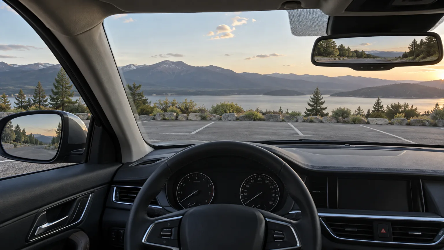 Retrovisor interior y retrovisor lateral reflejan la carretera detrás de un coche