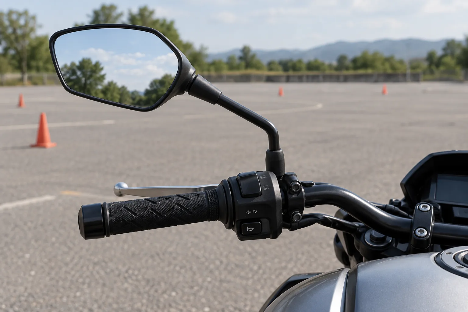 Retrovisor izquierdo de una motocicleta estacionada en una pista de prácticas