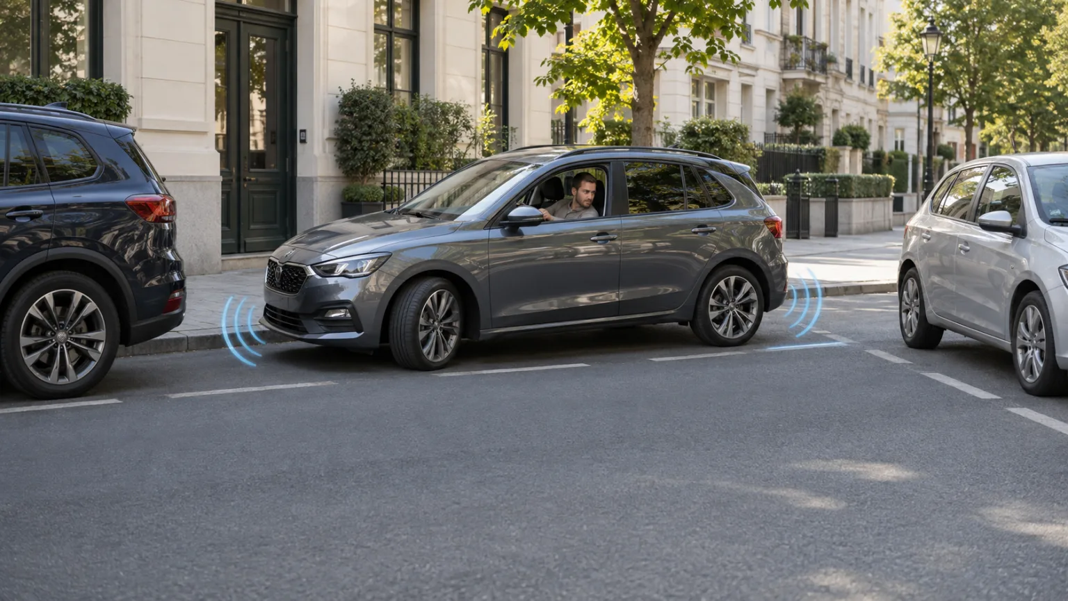 Coche realiza un estacionamiento paralelo con espacio suficiente y conductora atenta