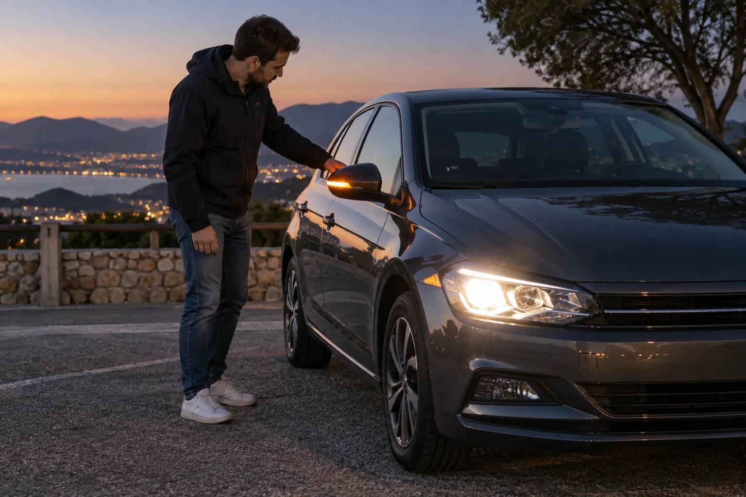 Conductora comprueba los faros de su coche antes de un viaje nocturno