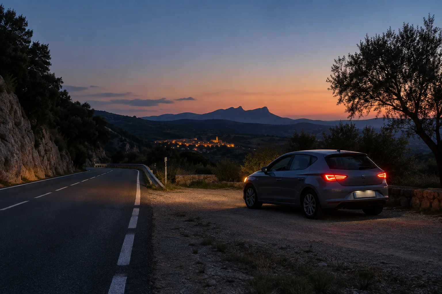 Coche estacionado fuera de la calzada con las luces de estacionamiento encendidas