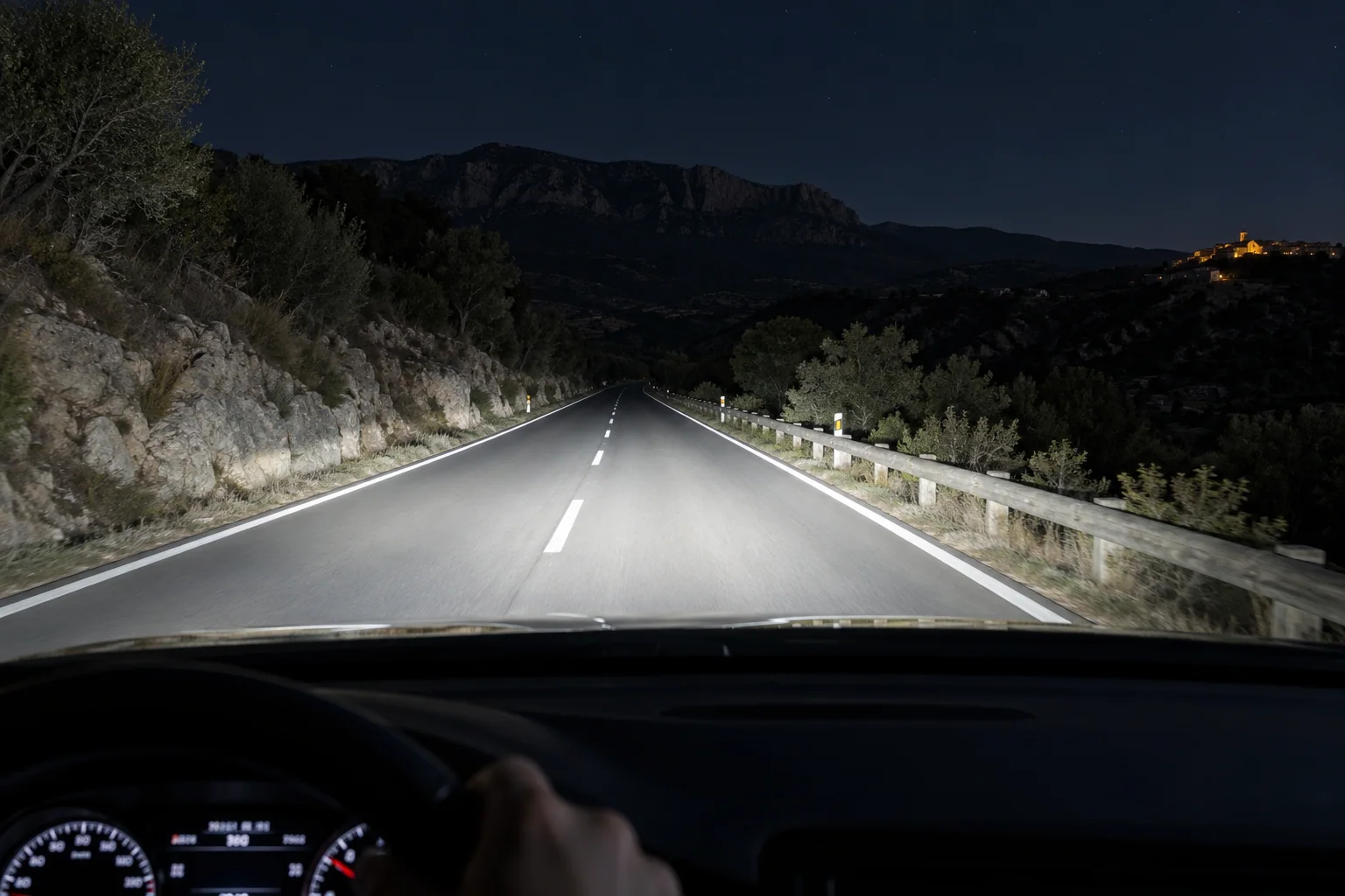 Vista desde el puesto de conducción de una carretera oscura iluminada a larga distancia sin tráfico cerca
