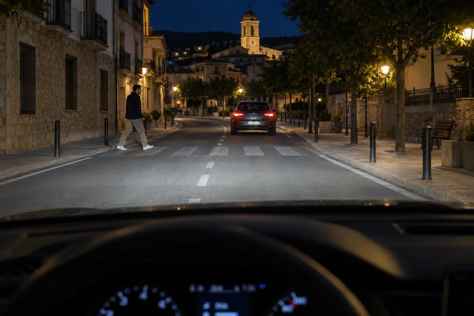 Coche circulando de noche por una calle urbana con luces de cruce