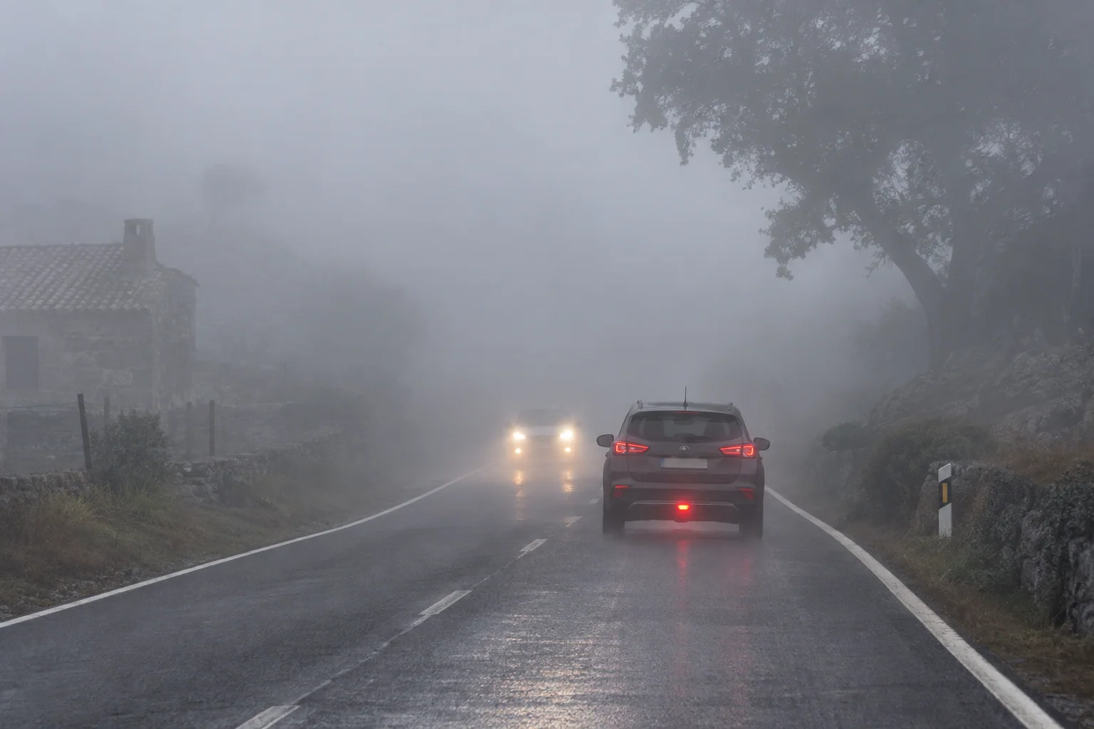 Coche con luces delanteras atravesando niebla densa