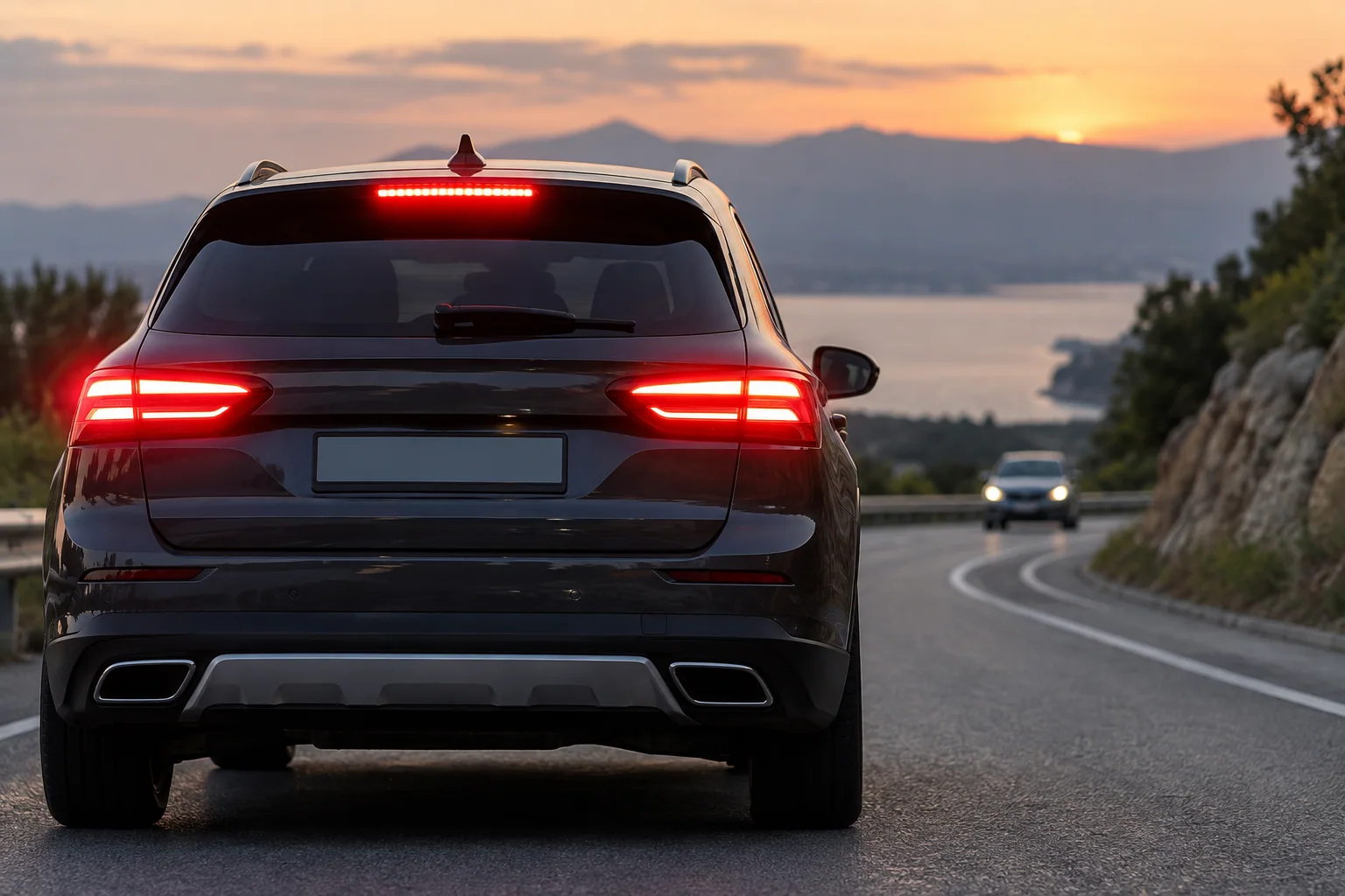 Parte trasera de un coche frenando con las luces rojas y la tercera luz encendidas