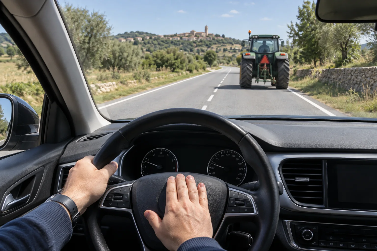 Conductora toca el claxon detrás de un tractor en una carretera fuera de poblado antes de adelantar