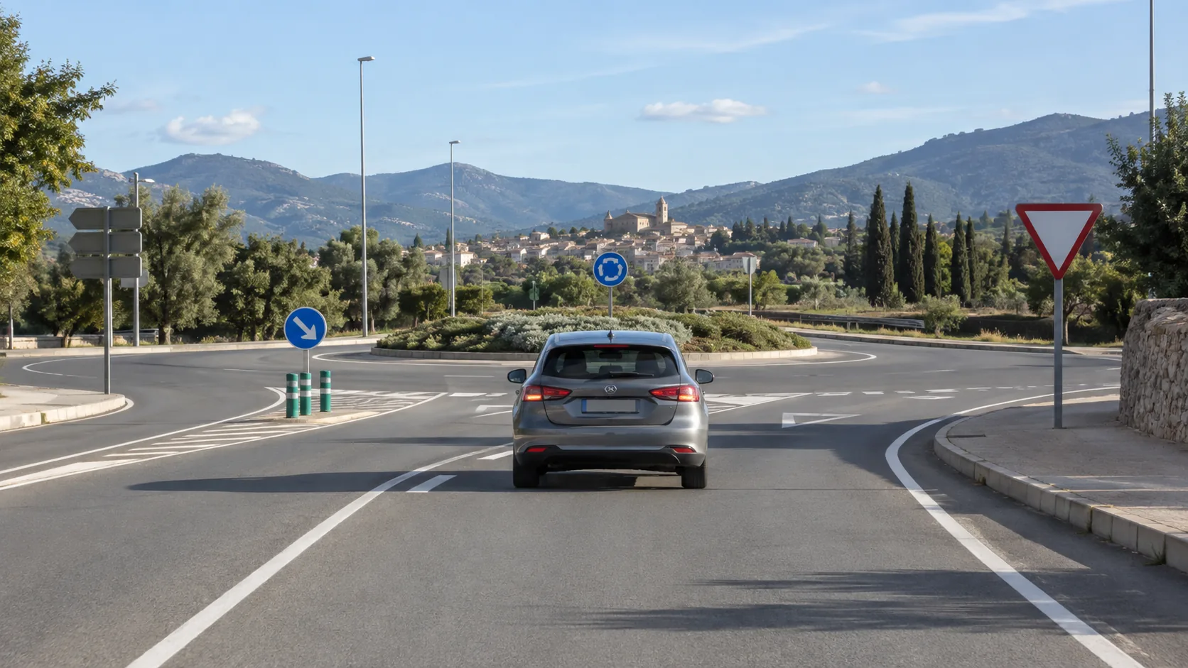 Automóvil se acerca con precaución a una intersección señalizada en una carretera española