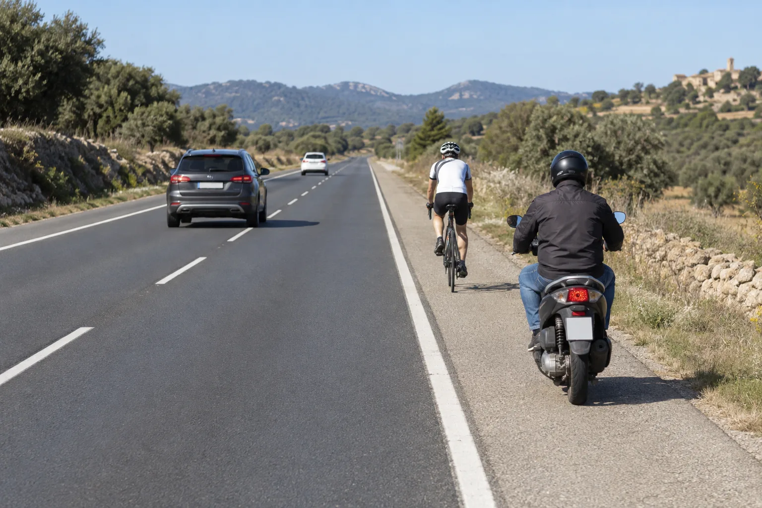 Ciclista, ciclomotor y vehículo agrícola avanzan por el arcén de una carretera