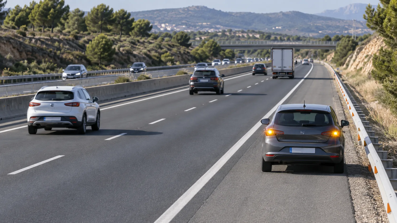 Vehículo averiado señalizado en el arcén de una autovía